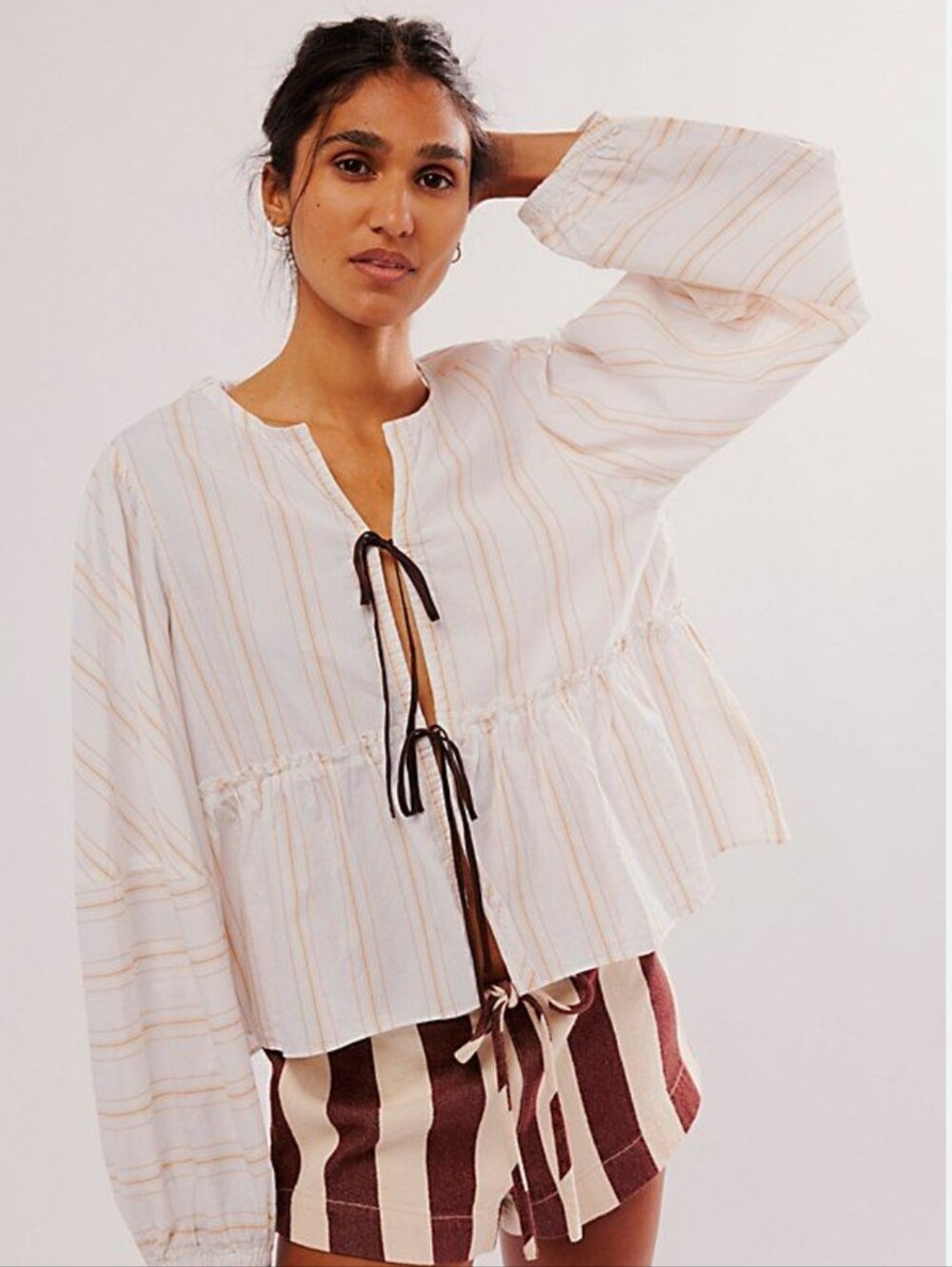 Free People Brunch Babe Tiered Blouse White Sand Combo yellow & White & Brown M